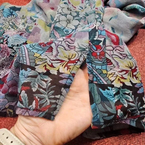 Citron Santa Monica Silk‎ Floral Button-Up Blouse S Sheer Asian Flowy Side Slit - Picture 4 of 10